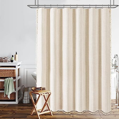 BTTN 60x72 Boho Farmhouse Linen Heavy Duty Shower Curtain Set, Cream/Beige