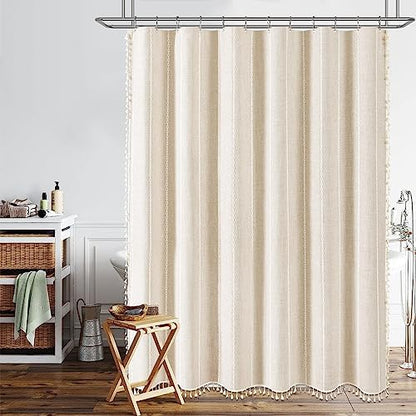 BTTN 60x72 Boho Farmhouse Linen Heavy Duty Shower Curtain Set, Cream/Beige