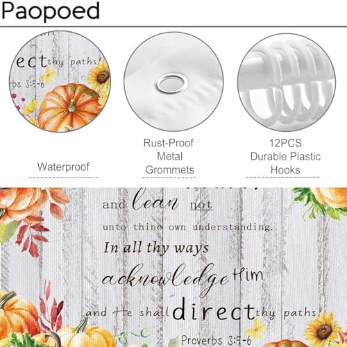 Fall Pumpkins Shower Curtain, Autumn Thanksgiving Harvest Motivational Inspirational Quotes Bathroom Bathtubs Decor, Waterproof Polyester Fabric Bathroom Curtain with Hooks 72x72 in