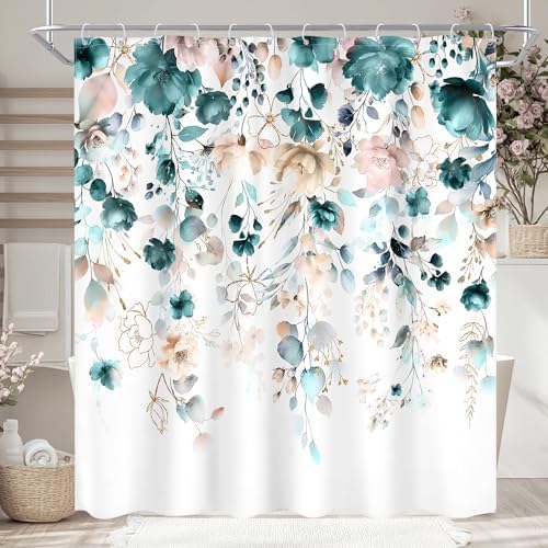 Floral Teal Green Eucalyptus Leaf Rustic Bathroom Shower Curtain Set