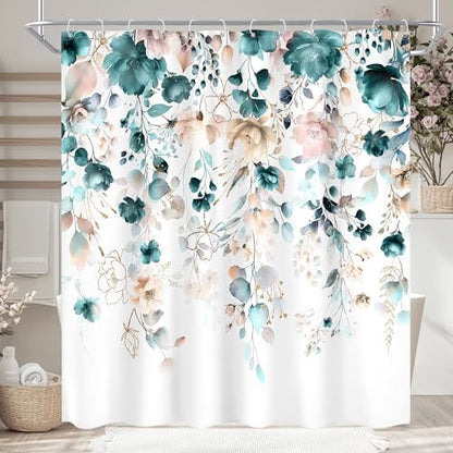 Floral Teal Green Eucalyptus Leaf Rustic Bathroom Shower Curtain Set