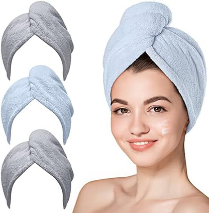Hicober Microfiber Hair Towel Wrap for Women, Grey Blue Grey, 3-Pack