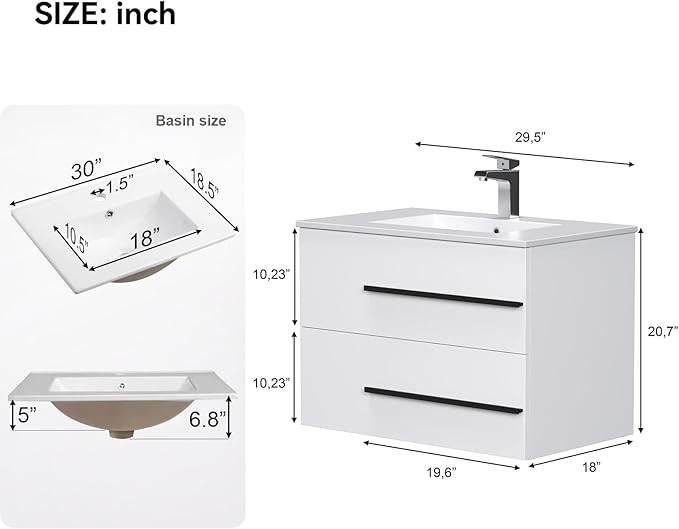 30 inch Floating Bathroom Vanity with Sink, Space Saving Fluted Design for Small Bathrooms, Soft Closing Drawers & Black Handles White