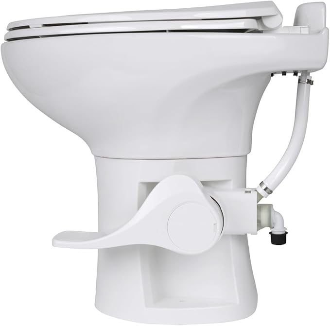 SEAFLO Ceramic Residential Height Camper/RV Toilet with Sprayer Attachment & Elongated Ceramic Bowl, 19” Standard Height, Gravity Flush System, Foot Pedal Operation, Soft Close Seat, 4-Year Warranty
