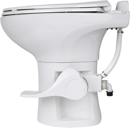 SEAFLO Ceramic Residential Height Camper/RV Toilet with Sprayer Attachment & Elongated Ceramic Bowl, 19” Standard Height, Gravity Flush System, Foot Pedal Operation, Soft Close Seat, 4-Year Warranty