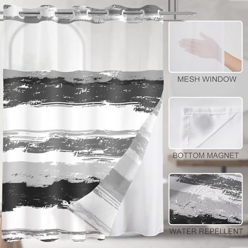 No Hook Shower Curtain with Liner, Black Stripe, 71x74 Inch