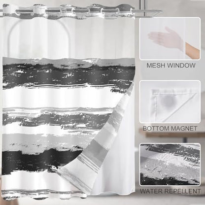 No Hook Shower Curtain with Liner, Black Stripe, 71x74 Inch