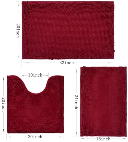 Bathroom Rugs Sets 3 Piece Non Slip,Bath Rugs with PVC Backing Bath Carpet,Bathroom Rug Washable,Absorbent,Plush Carpet Mats,Bath Mats for Bedroom, Kitchen,Tub,Home Decor(Burgundy)