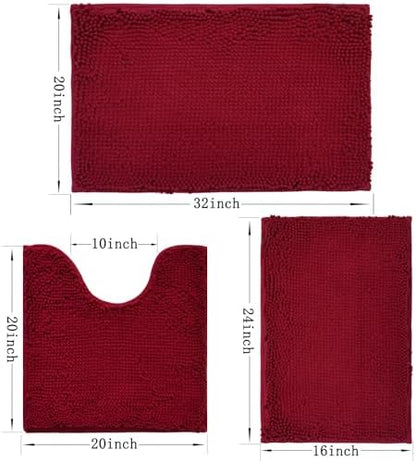 Bathroom Rugs Sets 3 Piece Non Slip,Bath Rugs with PVC Backing Bath Carpet,Bathroom Rug Washable,Absorbent,Plush Carpet Mats,Bath Mats for Bedroom, Kitchen,Tub,Home Decor(Burgundy)
