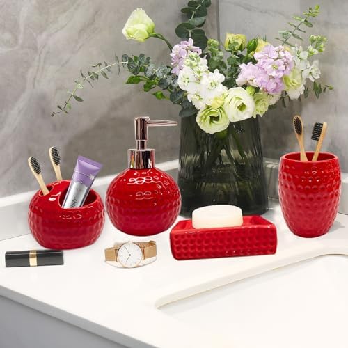 Bathroom Accessories Set,4 Pcs Red Ceramic Bathroom Accessory Set Complete with Toothbrush Holder,Tumbler,Lotion Dispenser, Soap Dish Perfect for Bathroom Theme Gift