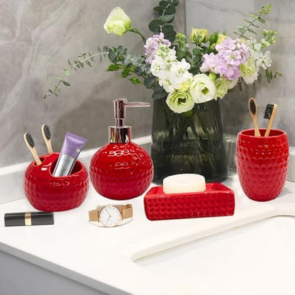 Bathroom Accessories Set,4 Pcs Red Ceramic Bathroom Accessory Set Complete with Toothbrush Holder,Tumbler,Lotion Dispenser, Soap Dish Perfect for Bathroom Theme Gift