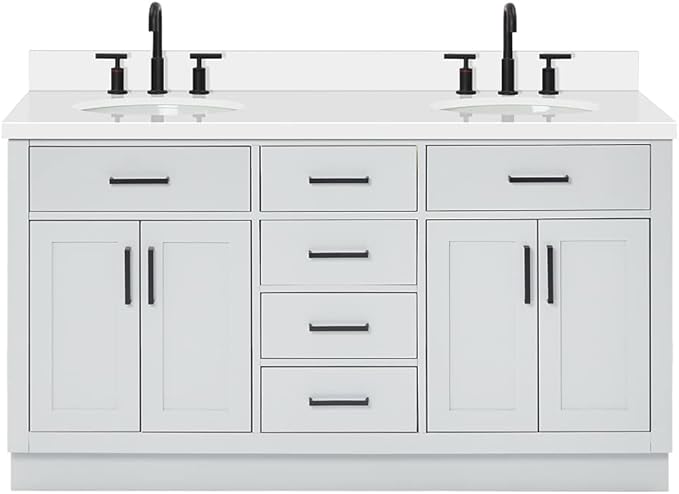 ARIEL Hepburn 60-inch Bathroom Vanity with Sink,Solid Wood, 1.5-inch Pure White Quartz Countertop & Backsplash, Double Oval Porcelain Sink, 4 Soft Closing Doors, 6 Dovetail Drawers, Grey