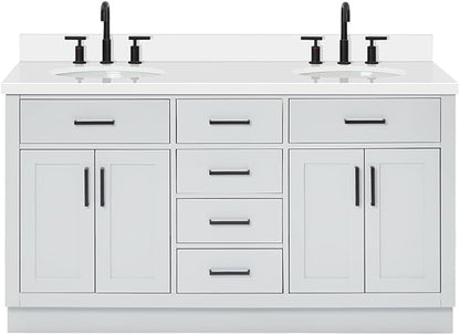ARIEL Hepburn 60-inch Bathroom Vanity with Sink,Solid Wood, 1.5-inch Pure White Quartz Countertop & Backsplash, Double Oval Porcelain Sink, 4 Soft Closing Doors, 6 Dovetail Drawers, Grey