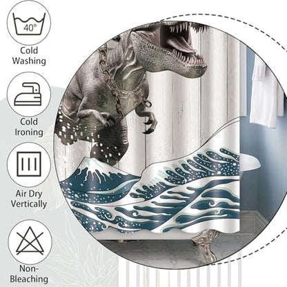 Funny Cat Riding Dinosaur Shower Curtain - Japanese Ocean Wave Design, Nautical Kids Children Rustic Wooden Farmhouse Style, 72X75inch, Brown