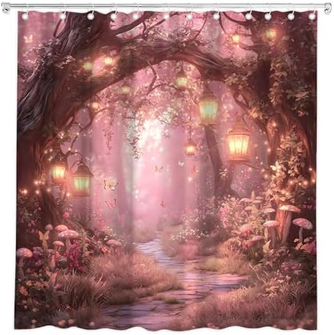 Fantasy Forest Path Shower Curtain Pink Fairy Magical Enchanted Misty Jungle Mushroom Floral Tree Butterfly Lantern Wonderland Bath Curtain Fabric Bathroom Accessories Decor with Hooks 84W x70L