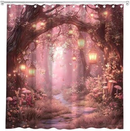 Fantasy Forest Path Shower Curtain Pink Fairy Magical Enchanted Misty Jungle Mushroom Floral Tree Butterfly Lantern Wonderland Bath Curtain Fabric Bathroom Accessories Decor with Hooks 84W x70L