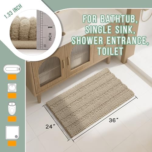 Yimobra Bathroom Rug Mat 36 x 24, Non Slip and Super Absorbent Bath Mat,Machine Washable Quick Dry,Ultra Plush Chenille Shower Rugs for Bathroom Floor Sink Tub and Shower Outside,Camel