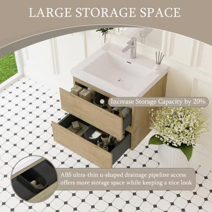KEIKI 24'' Wall-Mounted Bathroom Vanity with Sink - Floating Design, 2 Soft-Close Drawers & Resin Basin, Space-Saving for Small Bathrooms, Natural Oak