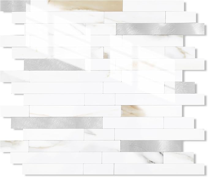 Yipscazo 20 Sheets Peel and Stick Stone Metal Tile Backsplash, Stick on Tiles for Backsplash Kitchen, Bathroom, Laundry Room, Camper, Fireplace (12'' X 12'', Polished Marble)