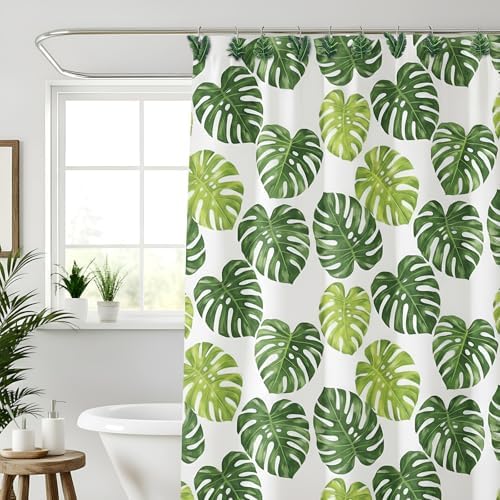 Amyhill 12 Pcs Tropical Leaf Decorative Shower Curtain Hooks Cute Green Monstera Deliciosa Leaves Curtain Rings Hanger Stainless Steel Resin Tropical Botanical Themed Hooks for Home Bathroom Decor