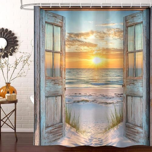 Beach Coastal Shower Curtain, Ocean Barn Door Nautical Sunrise Seaside Seascape Wave Decor Bath Curtains, Rustic Wood Teal Turquoise Bathroom Accessories Fabric Waterproof with Hooks, 47X64in