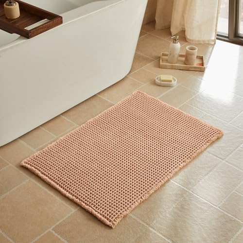 Triohero Waffle Bath Mat, Boho Bathroom Rugs Non Slip, 24x36 Light Peachy