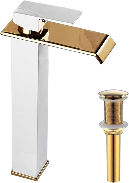 White Gold Faucet Bathroom Vessel Sink Golden Waterfall Spout Faucet Single Handle Bowl Sink Faucet Modern Single Hole Basin Vanity Tall Bathroom Sink Faucet with Pop Up Drain Stopper Supply Hose