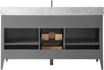 HOMEBEYOND 60" Bathroom Vanity with Single Sink, Solid Wood Bathroom Vanity Free-Standing Cabinet, Ceramic Top & Soft Closing Door, Golden Brushed Handware, Cashmere Gray