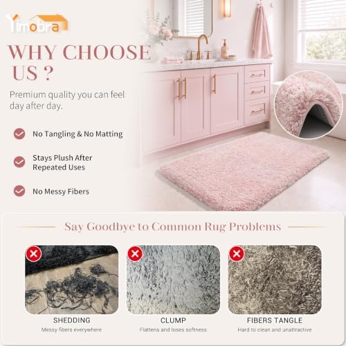 Yimobra Bath Rugs For Bathroom 32X20, Ultra Soft and Water Absorbent Bath Mats, Non Slip Plush Shower Mat Outside, Microfiber Thick Matts for Bathroom Floor/Tub, Machine Washable, Light Pink and White