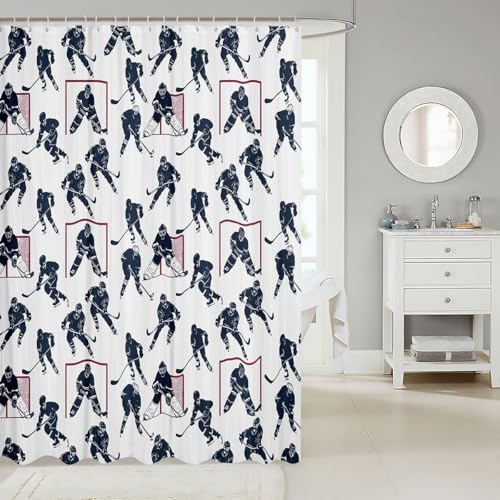 Ice Hockey Fabric Shower Curtain Sports Event Shower Curtain for Kids Boys Women Hockey Player Bathroom Waterproof Accessories with 12 Hooks Winter Sports Hockey Design Kawaii Curtains,72x72 Inches