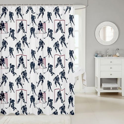 Ice Hockey Fabric Shower Curtain Sports Event Shower Curtain for Kids Boys Women Hockey Player Bathroom Waterproof Accessories with 12 Hooks Winter Sports Hockey Design Kawaii Curtains,72x72 Inches
