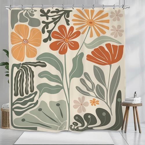 Retro Flower Matisse 70s Shower Curtain 72Wx72L Inch Colorful Groovy Vintage Trendy Funky Sage Green Orange Bathroom Set Accessories Decor with 12 Pack Hooks