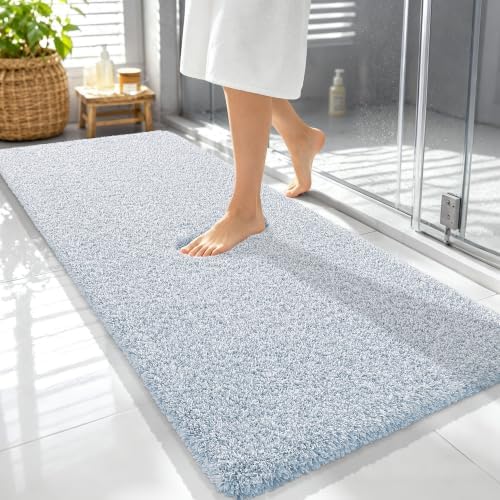 OLANLY Microfiber Bathroom Rugs 59x24, Quick Dry Mat, Airy Blue and White
