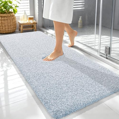 OLANLY Microfiber Bathroom Rugs 59x24, Quick Dry Mat, Airy Blue and White
