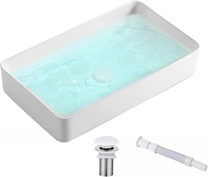 KINGWONG 24 Inch Rectangular Vessel Sink White Ceramic Above Counter Basin | Porcelain resists thermal shock & stains. Ultra-smooth glaze cleans in a wipe. Its 4.3" depth cuts water use and splash