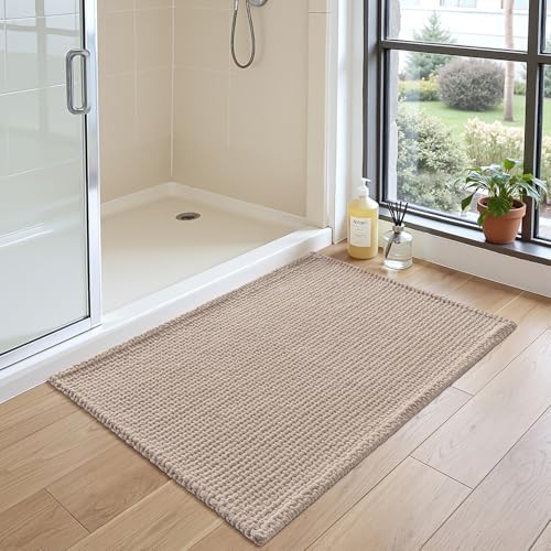 DEXI Chenille Bath Mat 24x16, Soft Absorbent Bathroom Rugs, Dark Beige