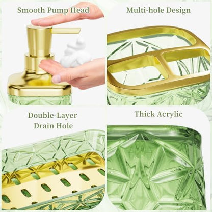 Green Bathroom Accessories Set 7 Pcs, Green Bathroom Sets, Acrylic Soap Dispenser and Toothbrush Holder Set, Qtip Holder Set, Bathroom Sink Set, Gift for Home Apartment