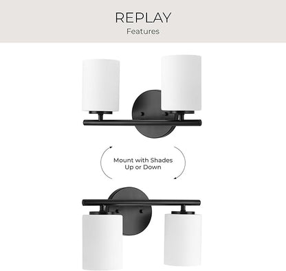 Progress Lighting 2-Light Bathroom Vanity Light, Modern Bath Lighting Fixture with Etched White Glass Shades for Over the Mirror, Reversible Mounting, Replay Collection, Textured Black