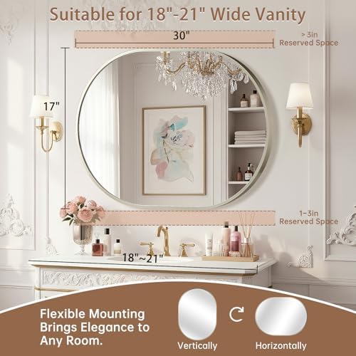 Brushed Nickel Mirror, 17"x30" Oval Bathroom Mirror, Oval Mirror
