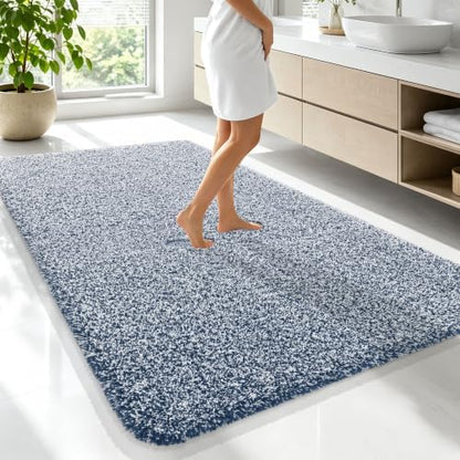 OLANLY Microfiber Bathroom Rugs 70x46, Quick Dry Bath Mat, Navy and White