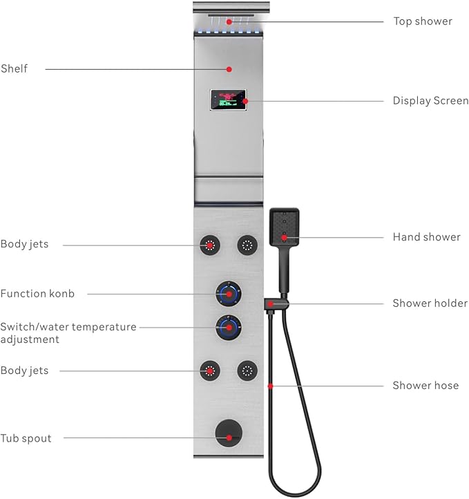 ELLO&ALLO LED Rainfall Shower Head and Rain Massage System with Body Jets Stainless Steel Bathroom Shower Panel Tower System with Shelf, Brushed Nickel&Black