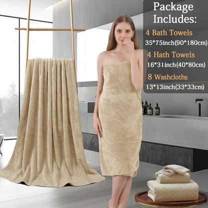 8-Piece Bath Towels Set,2 Oversized Large Bath Towel Sheet,2 Hand Towels and 4 Washcloths - 600 GSM Soft Microfiber Highly Absorbent Quick Dry Shower Towel Collection for Bathroom Hotel and Spa,Beige