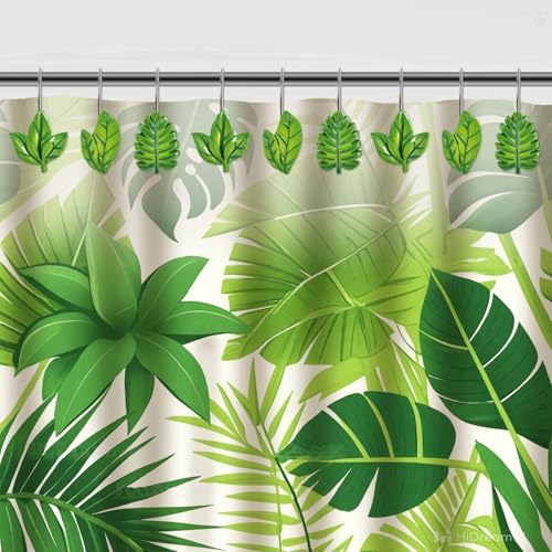 12-Piece Green Leaves Leaf Shower Curtain Hooks for Bathroom