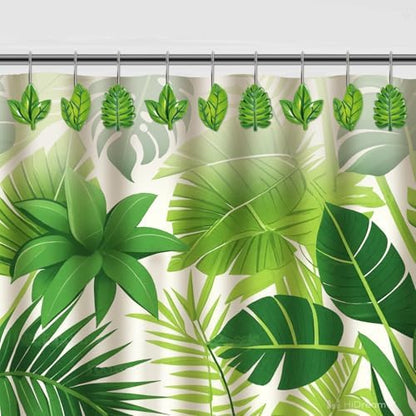 12-Piece Green Leaves Leaf Shower Curtain Hooks for Bathroom