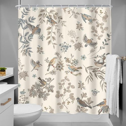 MESHELLY Floral and Birds Shower Curtain 60Wx72H Vintage Farmhouse Garden Flower Leaf Plant Beige Green Nature Elegant Chinoiserie Bath Curtain Cloth Fabric Bathroom Accessories Decor with 12 Hooks