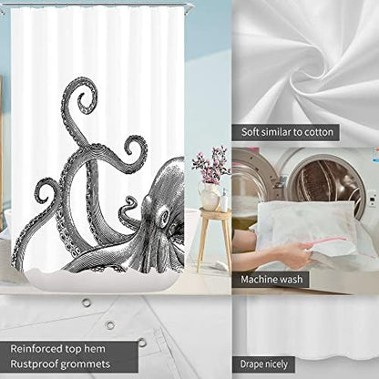Miyotaa Octopus Kraken Shower Curtain Set 60Wx71H Inches Nautical Ocean Tentacles Sea Creatures Mythical Black White Polyester Waterproof Bathroom Curtain with 12 Hooks