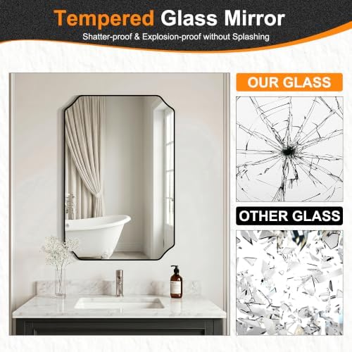 Delma Bathroom Vanity Mirror, Black Framed Aluminum Bathroom Mirror for Over Sink, Scalloped Round Corner Wall Mirror, High-Definition Vanity Mirror, Hangs Horizontally or Vertically (36x24,Black)