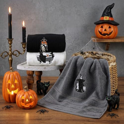 FuWeave 3 Pcs Black White Halloween Witch Hand Towels for Bathroom