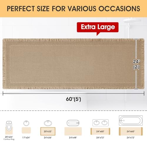 IM HOME Extra Large Waffle Bath Mat, Boho Bathroom Rugs Absorbent Non Slip, Ultra Soft Bathroom Mat, Machine Washable Knit Bath Rugs with Border for Bathroom, Bedroom, Kitchen, Tub, 5'x2', Beige