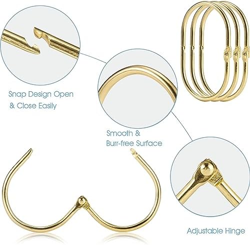 Goowin Shower Curtain Rings, 12 Pcs Shower Curtain Hooks, Oval Snap Shower Rings for Curtain, Metal Gold Shower Curtain Rings Rust Proof, Glide Smoothly Shower Hooks for Shower Curtain Rod (Gold)